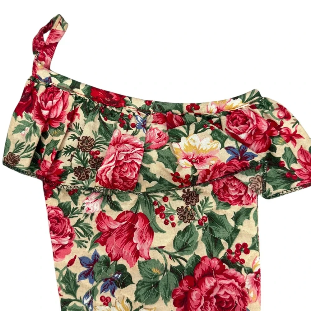 VTG Floral Christmas Stocking Ruffled Cuff Rose Holiday‎ Decor Cottage Coquette